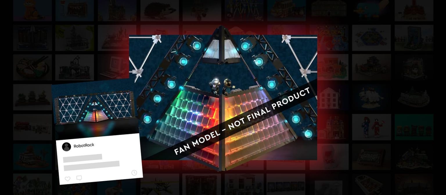 Het fanontwerp Daft Punk Concert van LEGO Ideas: een verlichte piramide met de twee robots als minifiguren