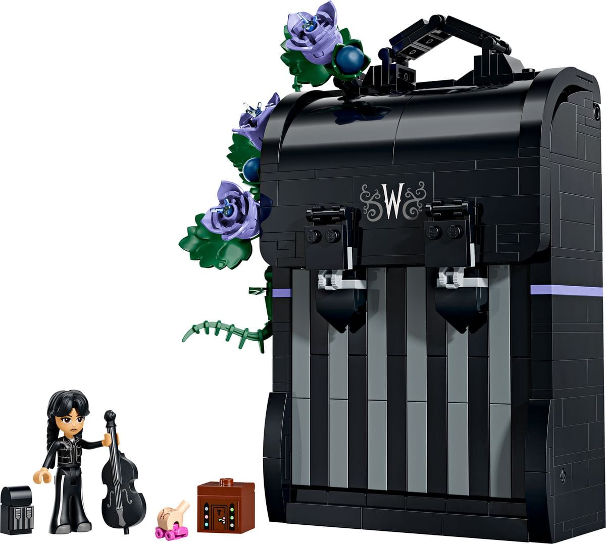 LEGO Wednesdays rugzak 76787 met een minifiguur van Wednesday met cello