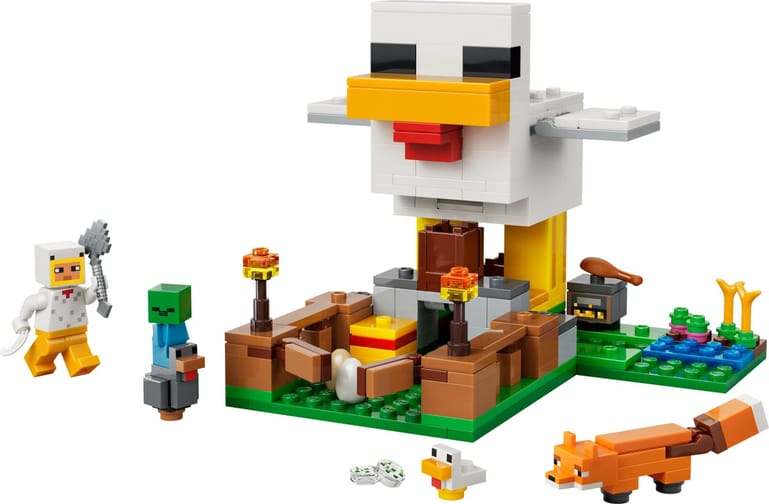 LEGO Minecraft Kippenboerderij 21585, de gebouwde boerderij met kippenhok en minifiguren