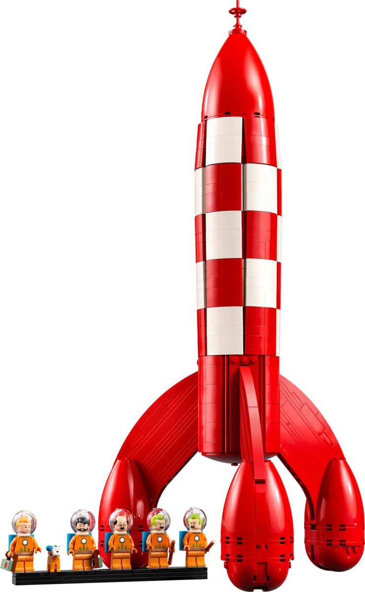 LEGO Ideas Tintin maanraket 21367, rood-wit geblokte raket met minifiguren